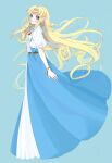  1girl aoi_(zelda0616) belt blonde_hair blue_background blue_dress blue_eyes brooch brown_belt closed_mouth dress eyelashes from_side gold_bracelet highres jewelry long_dress long_hair looking_at_viewer pointy_ears princess_zelda puffy_short_sleeves puffy_sleeves short_sleeves simple_background solo the_legend_of_zelda the_legend_of_zelda:_a_link_to_the_past triforce_earrings very_long_hair 