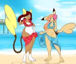  2021 accessory alolan_form alolan_raichu anthro areola areola_slip beach black_eyes blue_eyes breasts brown_areola brown_body brown_fur cheek_spots countershade_torso countershading detailed_background dipstick_ears duo eyebrow_through_hair eyebrows female flower flower_in_hair fur generation_1_pokemon generation_7_pokemon gloves_(marking) hair hair_accessory hambor12 heart_tail hi_res leg_markings lei levinia_tasic lumena_(gottamneer) markings medium_breasts mostly_nude multicolored_ears navel nintendo orange_hair outside pikachu plant pokemon pokemon_(species) red_hair red_markings regional_form_(pokemon) sarong seaside slightly_chubby smile socks_(marking) translucent translucent_hair white_body white_fur yellow_body yellow_fur yellow_markings 