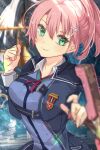  1girl double-parted_bangs eiyuu_densetsu green_eyes hair_bun highres holding holding_weapon looking_at_viewer pink_hair school_uniform sen_no_kiseki sen_no_kiseki_iii short_hair sleeves_rolled_up smile solo thors_military_academy_branch_campus_uniform tonfa uniform weapon zer00han 