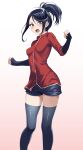  1girl ace_trainer_(pokemon) black_hair black_shorts breasts breasts_apart brown_eyes clenched_hands d: floating_hair grey_thighhighs hair_between_eyes highres jacket long_hair long_sleeves looking_at_viewer open_mouth pokemon pokemon_(game) pokemon_hgss ponytail red_jacket short_shorts shorts simple_background small_breasts solo standing thighhighs tsukishiro_saika white_background zettai_ryouiki 
