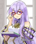  1girl bare_shoulders book breasts circlet dress fire_emblem fire_emblem:_genealogy_of_the_holy_war glasses holding holding_book julia_(fire_emblem) long_hair looking_at_viewer open_mouth purple_eyes purple_hair simple_background solo yukia_(firstaid0) 
