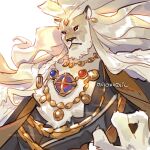  1boy accessories artist_name bara dislyte earrings furry furry_male javid_(shamash)_(dislyte) jewelry lion_boy long_hair looking_at_viewer mane necklace onion_holic red_eyes solo white_background white_fur 
