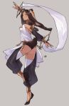  1girl alternate_costume animal_ears ass black_sleeves brown_eyes brown_footwear brown_fur brown_hair closed_mouth commentary commission cosplay dancer dancing dark-skinned_female dark_skin detached_sleeves dress english_commentary facial_mark fire_emblem fire_emblem_awakening from_behind grey_background highres long_hair looking_at_viewer olivia_(fire_emblem) olivia_(fire_emblem)_(cosplay) panne_(fire_emblem) rabbit_ears rabbit_girl rabbit_tail sakuremi see-through shoes signature simple_background smile solo taguel tail white_dress 