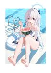  1girl absurdres barefoot blue_archive blue_bow blue_halo blue_one-piece_swimsuit bow collarbone commentary food frilled_one-piece_swimsuit frills fruit hair_bow halo halterneck highres holding holding_food holding_fruit holding_spoon innertube knees_up long_hair looking_at_viewer miyako_(blue_archive) miyako_(swimsuit)_(blue_archive) off-shoulder_one-piece_swimsuit off_shoulder official_alternate_costume one-piece_swimsuit open_mouth ponytail pool purple_eyes ratto_(ratto_channel) shadow sitting solo spoon swimsuit transparent_bag two-tone_one-piece_swimsuit watermelon white_hair white_innertube 