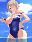  1girl blue_eyes blue_sky blush breasts brown_hair cameltoe competition_swimsuit covered_navel day highres large_breasts looking_at_viewer love_live! love_live!_sunshine!! mobukichi nipples off_shoulder one-piece_swimsuit one_breast_out one_eye_closed outdoors shiny_skin short_hair sky smile solo standing swimsuit watanabe_you water wet 