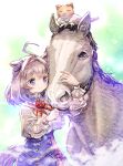  1girl ahoge animal_ears brown_hair cat commentary_request creature_and_personification ear_ribbon flower hair_between_eyes hairband highres horse horse_ears horse_girl horse_tail medium_hair medium_request meisho_doto_(racehorse) meisho_doto_(umamusume) meto_(cat) neck_flower pink_hairband purple_eyes purple_ribbon real_life red_flower red_rose ribbon rose tail umamusume usapenpen2019 wrist_cuffs 