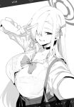  1girl asuna_(blue_archive) bag blue_archive bow bowtie bra_visible_through_clothes breasts button_gap buttons choker clenched_teeth collarbone copyright_request greyscale hair_over_one_eye hair_ribbon halo highres holding holding_bag large_breasts long_hair looking_at_viewer monochrome ribbon selfie solo teeth tomohiro_kai v 
