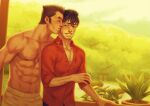  2boys abs bara black_hair brown_hair closed_eyes closed_mouth clover_ebi couple facial_hair highres kia_shie kiss kissing_cheek large_pectorals looking_at_another male_focus multiple_boys muscular muscular_male navel nipples outdoors pants pectorals qrow_branwen red_shirt rwby shirt short_hair smile teeth topless_male white_pants yaoi 