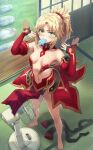  1girl bandeau bare_shoulders barefoot black_panties blonde_hair braid breasts collarbone detached_collar detached_sleeves electric_fan fanning_self fate/apocrypha fate/grand_order fate_(series) food food_in_mouth french_braid green_eyes highres long_hair looking_at_viewer mordred_(fate) mordred_(fate/apocrypha) mouth_hold navel panties parted_bangs pelvic_curtain ponytail popsicle popsicle_in_mouth sidelocks small_breasts solo sweat thighhighs_removed tonee underwear variant_set waist_cape wardrobe_malfunction 