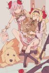  2girls backpack bag bare_legs black_bag black_hairband blonde_hair brown_cat cat chair character_request closed_eyes dog grenade_hair_ornament hairband highres ikine_tomeru indie_virtual_youtuber kappa_modoki long_hair long_sleeves multiple_girls office_chair open_mouth petting pink_shirt puffy_sleeves purple_eyes purple_hair shinsougumi shirt sitting swivel_chair twintails virtual_youtuber 