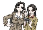  2girls asymmetrical_bangs black_hair braid breasts brown_eyes brown_jacket cassette_player cassette_tape chi-hatan_military_uniform collar collared_jacket earphones emblem flat_chest fukuda_haru girls_und_panzer hand_on_own_hip jacket large_breasts listening_to_music long_hair long_sleeves looking_at_another loose_clothes multiple_girls nishi_kinuyo parted_bangs red_collar round_eyewear shared_earphones simple_background skrmtl smile twin_braids white_background white_collar 