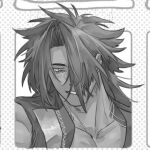  1boy bhima_(fate) blush dark-skinned_male dark_skin fate/grand_order fate_(series) greyscale grin long_hair looking_at_viewer lowres male_focus monochrome muscular muscular_male outside_border pectoral_cleavage pectorals smile solo uatwf681 vest 