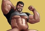  1boy bara beard_stubble biceps black_hair bottomless clothes_lift cowboy_shot gherod glint groin highres large_pectorals looking_at_viewer lucas_lee male_focus male_pubic_hair mature_male muscular muscular_male pectorals pubic_hair scott_pilgrim_takes_off seductive_smile shirt shirt_lift short_hair short_sleeves smile solo t-shirt tight_clothes tight_shirt underpec wrinkled_skin 