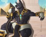  2023 5_fingers abs akar_(tanrowolf) anthro anubian_jackal armor athletic athletic_anthro athletic_male black_body black_fur black_nose bottomwear bracers canid canine canis clothed clothing digital_media_(artwork) egyptian fingers fur grin hair hand_wraps hi_res hieroglyphics humanoid_hands jackal khopesh leg_wraps loincloth male mammal melee_weapon muscular muscular_anthro muscular_male navel nipples saruuk signature smile solo sword teeth topless topless_anthro topless_male weapon wraps 