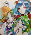  3girls bare_shoulders blonde_hair blue_eyes blue_hair bow brown_headwear collared_shirt colored_eyelashes detached_sleeves drooling facial_tattoo fang fang_out frilled_shirt frilled_shirt_collar frills frog frog_girl frog_hair_ornament green_hair green_nails hair_bow hair_bun hair_ornament hair_tubes hat horizontal_pupils kochiya_sanae leaf leaf_hair_ornament leaf_on_head long_hair looking_at_viewer medium_hair moriya_suwako multiple_girls nail_polish one_eye_closed open_mouth purple_vest red_bow red_eyes red_shirt rope saliva shirt sidelocks simple_background single_hair_bun single_hair_tube slit_pupils smile snake snake_hair_ornament star_(symbol) sweater tattoo touhou traditional_media turtleneck turtleneck_sweater vest white_background white_shirt whoru wide_sleeves yasaka_kanako yellow_eyes 