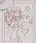  3boys :p bara beard collared_shirt envysoda eyebrow_cut facial_hair flaming_eye greyscale grin hephaestus_(housamo) long_sideburns looking_at_viewer male_focus mature_male monochrome multiple_boys muscular muscular_male pectoral_cleavage pectorals protagonist_3_(housamo) selfie shirt short_hair shy sideburns smile star_(symbol) talos_(housamo) thick_eyebrows three-finger_salute tokyo_afterschool_summoners tongue tongue_out v_over_head 