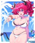  1girl alma_(onsoku_inu) arm_at_side bikini blue_background blurry blurry_background blush breasts cleavage commentary_request cowboy_shot cup curly_hair demon_horns demon_tail drinking_glass drinking_straw fang foreshortening gyaru_v hair_intakes halterneck highres horns jewelry large_breasts looking_at_viewer multi-strapped_bikini onsoku_inu open_mouth original outstretched_arm pendant pink_hair plump purple_eyes scrunchie short_hair short_twintails skindentation smile solo swimsuit tail tareme thick_thighs thighs twintails v white_bikini wrist_scrunchie 