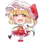 1girl ascot blonde_hair bow chibi collared_shirt crystal fang flandre_scarlet frilled_sleeves frills full_body glowing glowing_wings hair_bow hat hat_ribbon highres holding holding_polearm holding_weapon laevatein_(touhou) medium_hair multicolored_wings one_side_up open_mouth polearm puffy_short_sleeves puffy_sleeves red_eyes red_footwear red_ribbon red_skirt red_vest ribbon sacchan_happy shirt short_sleeves simple_background skirt skirt_set socks solo standing touhou vest weapon white_background white_headwear white_shirt white_socks wings yellow_ascot 