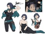  1girl :p ah_eto..._bleh_(meme) belt black_gloves blue_hair breasts closed_eyes cm_lynarc dark_blue_hair double_v fire_emblem fire_emblem:_three_houses fire_emblem_heroes gloves green_belt green_jacket hands_on_own_head jacket large_breasts looking_at_viewer meme multiple_views ninja official_alternate_costume purple_eyes shamir_nevrand short_hair smile taiho_shichauzo tongue tongue_out v 