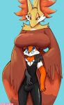  absurd_res anthro anthro_on_anthro big_breasts boob_hat breasts bulge canid canine clothed clothing delphox female fox generation_6_pokemon goopyarts grope hi_res male male/female mammal nintendo pokemon pokemon_(species) 