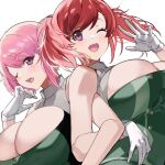 2girls aku_no_onna_kanbu:_perigee_new_moon arrow_(tamawo222) breasts character_request cleavage_cutout clothing_cutout collar dress gloves green_dress large_breasts locked_arms multiple_girls official_art one_eye_closed open_mouth pink_eyes pink_hair red_hair short_hair swept_bangs upper_body white_background white_collar white_gloves 