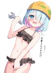  1girl absurdres arona_(blue_archive) bare_arms bare_legs bare_shoulders bikini black_bikini blue_archive blue_hair halo hardhat helmet highres long_hair looking_at_viewer navel pink_hair screwdriver simple_background solo swimsuit thighs toriefuni white_background 