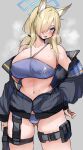  1girl absurdres animal_ears arm_at_side ass_visible_through_thighs bikini black_coat blonde_hair blue_archive blue_bikini blue_eyes blush breasts cleavage coat collarbone grey_background hair_over_one_eye halo hand_on_own_hip highres holster kanna_(blue_archive) kshimu large_breasts long_hair looking_at_viewer mechanical_halo navel off-shoulder_coat off_shoulder simple_background standing steam stomach swimsuit thigh_holster thigh_strap 