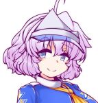 1girl ahoge blue_eyes closed_mouth commentary_request hensheru letty_whiterock looking_at_viewer lowres purple_hair short_hair simple_background smile solo touhou upper_body visor_cap white_background white_headwear 