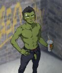  absurd_res beast_boy blush clothed clothing dc_comics genitals hi_res humanoid male partially_clothed penis solo teen_titans unknown_(disambiguation) 