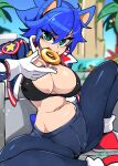  1girl absurdres bikini black_bikini black_pants blue_hair bongfill breasts cleavage covered_nipples cropped_jacket fang genderswap genderswap_(mtf) gloves green_eyes hedgehog_ears hedgehog_girl hedgehog_tail highres humanization jacket large_breasts long_sleeves looking_at_viewer navel open_clothes open_jacket open_mouth outdoors pants shoes short_hair sneakers solo sonic_(series) sonic_the_hedgehog swimsuit white_gloves 