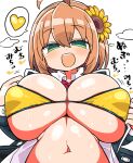  1girl :d ahoge bikini blush breasts commentary_request flower green_eyes hair_flower hair_ornament heart honma_himawari jacket kanikama large_breasts navel nijisanji open_clothes open_jacket open_shirt orange_hair shirt short_hair smile solo spoken_heart sunflower_hair_ornament sweat swimsuit translation_request virtual_youtuber white_shirt yellow_bikini 