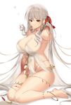  1girl absurdres bare_shoulders barefoot belly_chain blush body_markings breasts cleavage collarbone colored_skin durga_(fate) earrings fate/grand_order fate_(series) gradient_skin grey_hair hair_ribbon highres jewelry large_breasts long_hair looking_at_viewer oxygen_mask_(oxygenmask233) pelvic_curtain red_eyes red_skin revealing_clothes ribbon sash sitting snake solo thighs very_long_hair wariza 