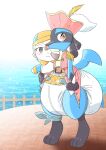  anthro clothed clothing diaper generation_4_pokemon hi_res holowear_(pokemon) humanoid infantilism looking_at_viewer lucario male nintendo object_in_mouth pacifier pacifier_in_mouth plushie plushie_transformation pokemon pokemon_(species) pokemon_unite sea solo tapirclip volo_(pokemon) water wearing_diaper 