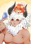  +_+ 1boy 1girl ahoge asterios_(fate) bare_pectorals bird bird_on_hand black_horns black_sclera blush character_request check_character colored_sclera dark-skinned_male dark_skin earrings eyelashes fate/grand_order fate_(series) fujimaru_ritsuka_(female) hair_ornament hair_scrunchie highres hoop_earrings horns jewelry large_horns long_hair long_sleeves looking_at_another looking_at_viewer mane muscular muscular_male on_head one_side_up orange_hair parted_lips pectorals red_eyes scar scar_on_chest scrunchie short_hair single_earring smile sparkling_eyes suzune_hapinesu topless_male upper_body white_hair white_sleeves yellow_background 
