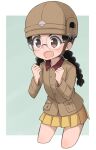  1girl aki_inu black_hair blush braid brown_eyes brown_headwear brown_jacket chi-hatan_military_uniform clenched_hands cropped_legs fukuda_haru girls_und_panzer glasses helmet jacket long_hair long_sleeves military military_uniform open_mouth round_eyewear simple_background skirt solo twin_braids two-tone_background uniform yellow_skirt 