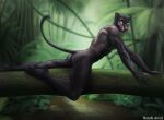  2023 anthro athletic athletic_anthro athletic_male bagheera_(jungle_book) black_body black_fur black_hair blurred_background digital_media_(artwork) disney felid feline forest fur hair hi_res jungle leopard looking_at_viewer male mammal mazahi-ani muscular nature nude outside pantherine plant solo the_jungle_book tree yellow_eyes 