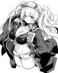 1girl ahoge bikini blush breasts cleavage coat collarbone elbow_gloves gloves granblue_fantasy greyscale highres kztk large_breasts long_hair long_sleeves looking_at_viewer monika_weisswind monika_weisswind_(swimsuit)_(granblue_fantasy) monochrome navel open_clothes open_coat solo swimsuit thighs visor_cap wavy_hair 