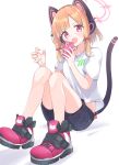 1girl :3 :d alternate_costume animal_ear_headphones animal_ears black_shorts blue_archive blunt_bangs casual cat_ear_headphones cat_tail cellphone commentary_request fake_animal_ears hair_ribbon halo headphones highres holding holding_phone knees_up light_brown_hair looking_at_viewer momoi_(blue_archive) phone preste red_eyes ribbon shirt shoes short_hair short_sleeves shorts sidelocks simple_background sitting smartphone smile sneakers solo t-shirt tail tress_ribbon white_background white_shirt 