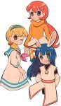  3girls :d aqua_eyes arms_behind_back blonde_hair blue_hair blunt_ends carla_(doraemon) cropped_legs cropped_torso detached_sleeves doraemon doraemon:_nobita_no_getsumentansaki doraemon:_nobita_no_nankyoku_kachikochi_dai_boken doraemon:_nobita_no_takarajima dress hair_ornament hair_over_shoulder hairband hairclip highres hime_cut logo long_hair long_sleeves looking_at_viewer looking_to_the_side low_ponytail luna_tsukino multiple_girls one_eye_closed orange_sweater ponytail purple_eyes red_hair sailor_dress sarah_(doraemon) sash simple_background skirt_hold smile sumi_(user_evka8372) sweater thighhighs turtleneck very_long_hair white_background white_dress 