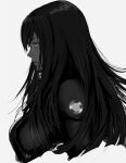  1girl black_hair breasts cropped_torso from_side gantz greyscale inoitoh large_breasts limited_palette long_hair looking_ahead monochrome muted_color parted_lips profile shimohira_reika simple_background solo upper_body white_background 
