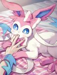  1other :3 artist_name bed blue_eyes blurry blurry_background blush bow bright_pupils commentary_request fang finger_in_another&#039;s_mouth fingernails highres indoors kaminokefusa on_bed pokemon pokemon_(creature) pov skin_fang sweatdrop sylveon white_pupils 