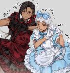  2boys absurdres apron black_dress black_gloves blue_bow blue_dress blush bow brown_hair closed_mouth crossdressing dark-skinned_male dark_skin dress earrings gloves grey_background hair_bow heart heart_hands highres jamil_viper jewelry kalim_al-asim lolita_fashion long_hair low_side_ponytail male_focus multicolored_clothes multicolored_dress multiple_boys open_mouth orange_eyes purple_eyes red_apron red_bow red_dress short_hair short_sleeves twisted_wonderland wata_uu white_apron white_dress white_gloves white_hair 