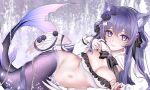  1girl absurdres animal_ears black_nails black_ribbon breasts cat_ears cleavage closed_mouth commentary commission feathered_wings flower gem hair_flower hair_ornament hair_ribbon highres large_breasts long_hair low_wings lying mermaid monster_girl nail_polish navel necrotenshi on_side original pearl_(gemstone) purple_eyes purple_flower purple_hair purple_rose ribbon rose smile solo wings 