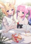  2girls absurdres ahoge animal_ear_fluff animal_ears arm_rest arms_on_table artist_name bare_shoulders black_bow black_hair blonde_hair blouse blunt_bangs blurry blurry_foreground blush bow braid breasts cleavage crescent_necklace cup day dress food food_request fork fox_ears fox_girl french_braid frilled_dress frills fruit green_eyes heterochromia highres himemori_luna himemori_luna_(4th_costume) holding holding_fork hololive jewelry large_bow long_hair looking_at_viewer medium_breasts medium_hair multicolored_hair multiple_girls necklace nyasunyadoora official_alternate_costume official_alternate_hairstyle omaru_polka omaru_polka_(3rd_costume) open_mouth outdoors pearl_necklace pink_hair purple_eyes saucer see-through see-through_sleeves shirt short_sleeves side_ponytail sidelocks sitting smile spoon star-shaped_pupils star_(symbol) star_necklace strapless strapless_dress strawberry streaked_hair symbol-shaped_pupils table tablecloth tea tea_party tea_set teacup upper_body virtual_youtuber watermark white_dress white_shirt 