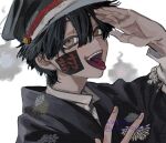  1boy artist_name black_hair child gakuseibou ghost hanako_(jibaku_shounen_hanako-kun) hat highres jibaku_shounen_hanako-kun looking_at_viewer male_focus open_mouth simple_background smile solo teeth tongue tongue_out upper_teeth_only ymymnoyami 