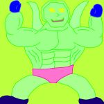  arms_above_head clothing diamondhead dirohida652001 drawing footwear gloves green_body green_skin handwear hi_res male muscular muscular_male pink_clothing pink_underwear socks solo underwear yellow_eyes 