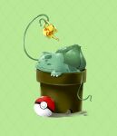  bulbasaur claws closed_eyes closed_mouth fangs flower_pot green_background nostrils plant poke_ball poke_ball_(basic) pokedex_number pokemon pokemon_(creature) simple_background solo tsugu_(tsugu5656) vines water_drop watering_can 