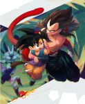  black_hair blue_eyes body_fur closed_mouth dougi dragon_ball dragon_ball_(object) dragon_ball_gt gloves gogeta long_hair male_focus monkey_boy monkey_tail multiple_boys muscular omega_shenron ommmyoh open_mouth pants red_fur saiyan son_goku son_goten spiked_hair super_saiyan super_saiyan_4 tail trunks_(dragon_ball) vegeta yellow_pants 