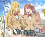  2girls :d aisheng_kuroko bag blazer blue_sky bow bowtie brown_eyes brown_hair brown_jacket cloud commentary_request dated_commentary eye_contact food gloves hair_between_eyes hair_ornament hair_scrunchie hand_up handbag highres holding holding_food holding_pocky jacket long_hair long_sleeves looking_at_another multiple_girls one_eye_closed open_mouth outdoors plaid plaid_skirt pocky red_bow red_bowtie road road_sign school_uniform scrunchie shirai_kuroko shirt shokuhou_misaki sign signature skirt sky smile star-shaped_pupils star_(symbol) star_print street symbol-shaped_pupils teeth toaru_kagaku_no_railgun toaru_majutsu_no_index tokiwadai_school_uniform town twintails two-tone_skirt upper_teeth_only white_gloves white_scrunchie white_shirt winter_uniform yellow_eyes 