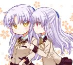  2girls angel_beats! arm_hug blush breasts cherry_blossom_print chibi closed_mouth commentary_request expressionless eyes_visible_through_hair floating_hair floral_print from_side hair_between_eyes half_updo jacket long_hair long_sleeves looking_at_another multiple_girls multiple_persona neck_ribbon parted_lips profile red_eyes ribbon school_uniform short_ponytail sidelocks simple_background small_breasts sweatdrop tachibana_kanade upper_body white_background white_hair yellow_eyes yellow_jacket yellow_ribbon zuzuhashi 